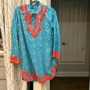 Blue and neon orange tunic swim cover up